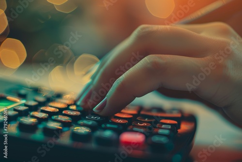 Close-up of a persons hand typing on a calculator for tax reduction, income, and budget expense calculation