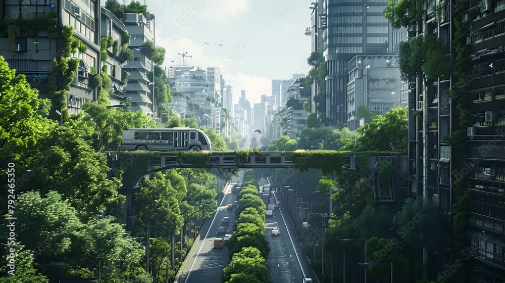 The image captures a bustling urban setting as a logistics vehicle makes its way through the streets, surrounded by the verdant greenery of trees and the towering presence of city buildings, showcasin