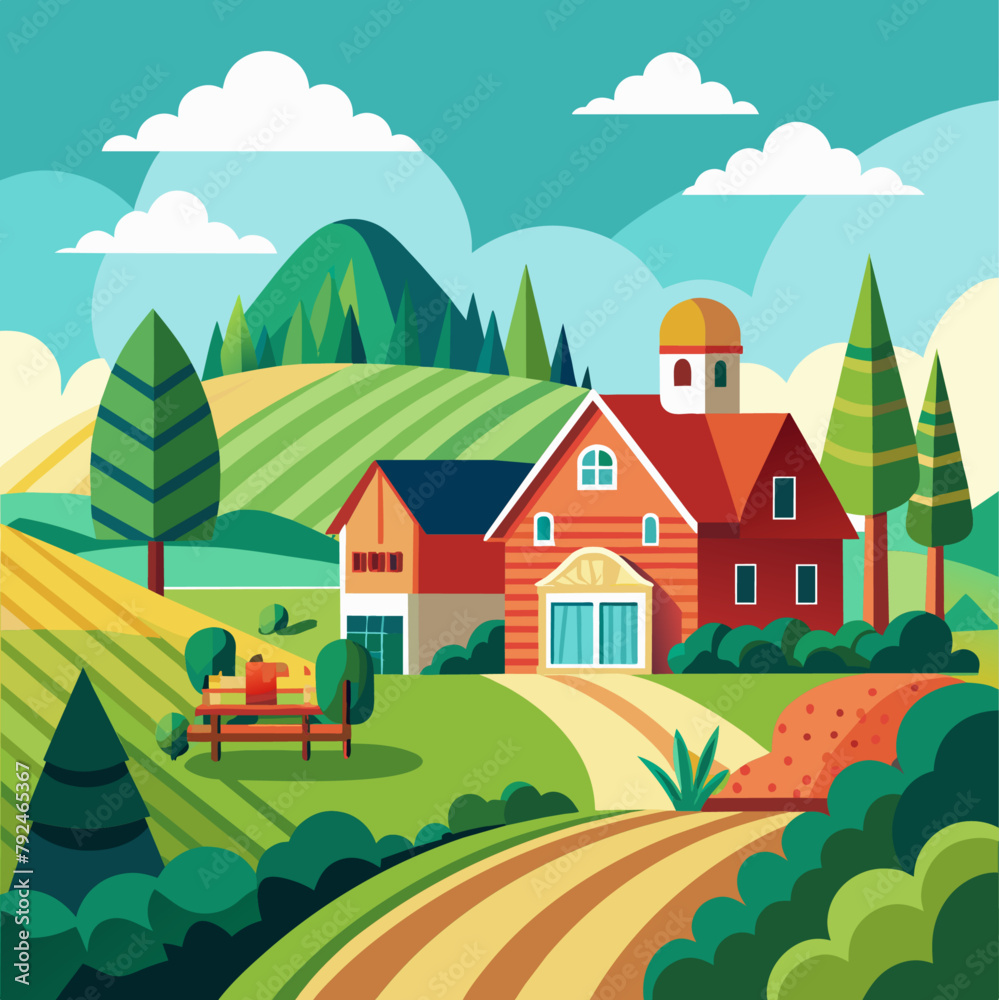 Farm, agriculture rural landscape, village house. Vector horizontal illustration, flat style (5)