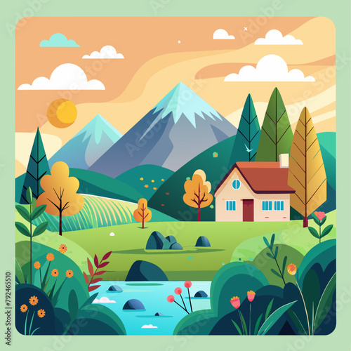 Farm  agriculture rural landscape  village house. Vector horizontal illustration  flat style  17 