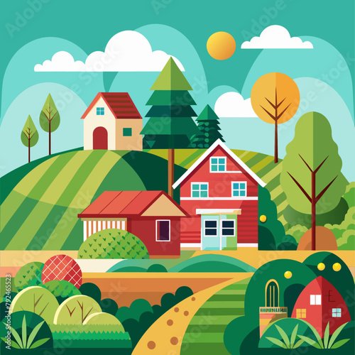Fototapeta Naklejka Na Ścianę i Meble -  Farm, agriculture rural landscape, village house. Vector horizontal illustration, flat style (1)