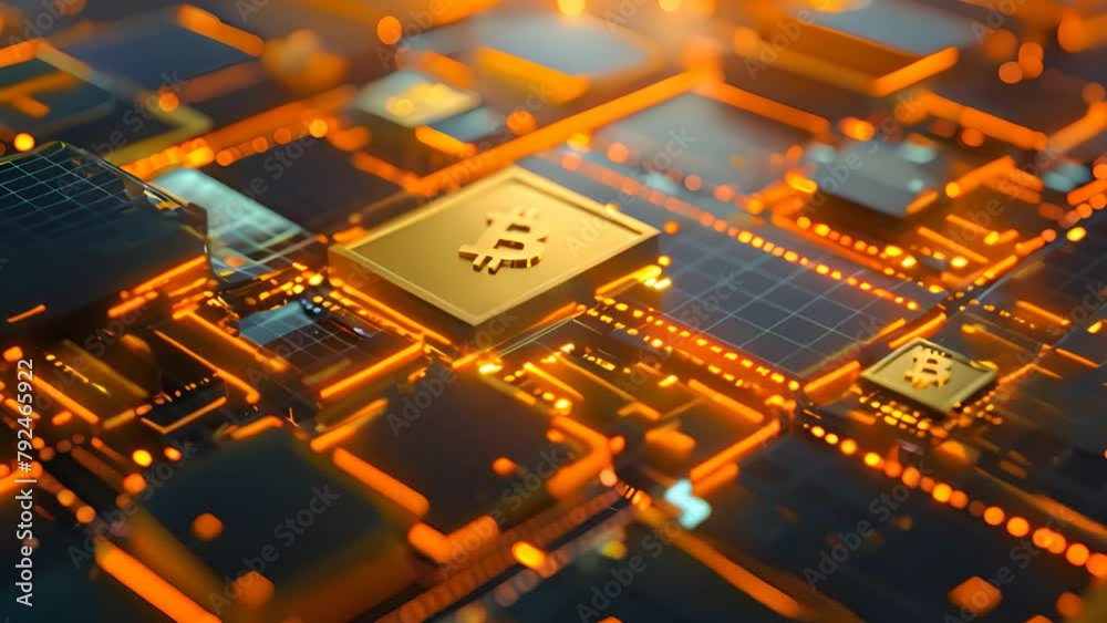 Close up Bitcoin mining crypto hardware, Cryptocurrency miner circuit tech digital gold glowing futuristic concept