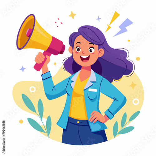 Happy girl holding megaphone shouting loud calls customers (5)