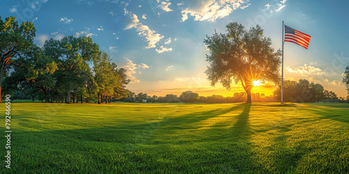 Sunset over a serene park with an American flag, ideal for patriotic themes.