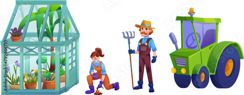 Farm greenhouse and tractor set isolated on white background. Vector cartoon illustration of male farmer with pitchfork, young woman harvesting carrot, glass house with flowers, agriculture machine