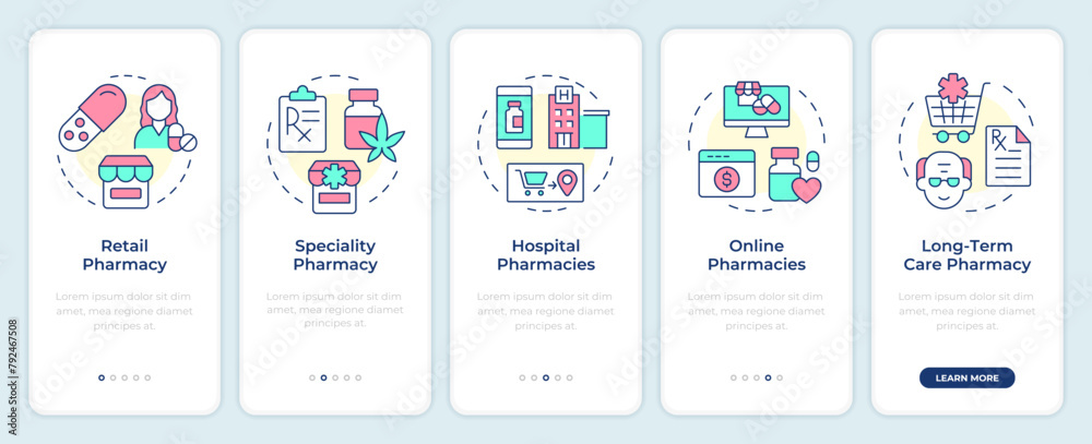 Pharmacies types onboarding mobile app screen. Walkthrough 5 steps editable graphic instructions with linear concepts. UI, UX, GUI template. Montserrat SemiBold, Regular fonts used