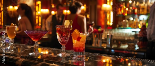 Capture the essence of a vibrant cocktail bar scene with a wide-angle view  showcasing colorful mixology creations  reflecting light on crystal glasses  surrounded by elegant patrons in a sophisticate