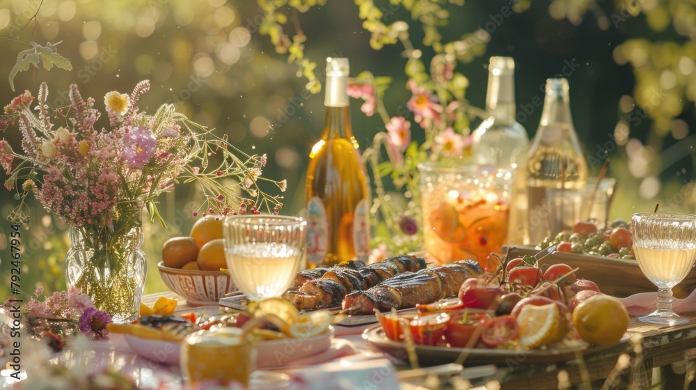 At a summer garden party, a table is set with grilled food, glasses, lemonade, delicate floral and paper decorations, and bottles of summer wine.