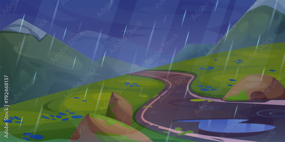 Fototapeta premium Rainy mountain road scene and water puddle cartoon landscape. Outside storm weather in summer trip with winding path perspective view. Empty panorama with wet hill way in evening banner design