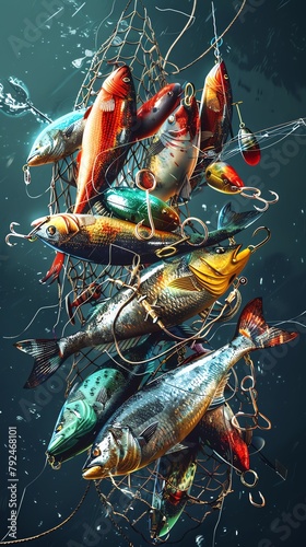 Capture the essence of fishing gear through a dynamic, tilted angle view Showcase a vivid mix of weathered nets, shiny hooks, and colorful lures in a realistic digital illustration