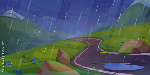 Rainy mountain road scene and water puddle cartoon landscape. Outside storm weather in summer trip with winding path perspective view. Empty panorama with wet hill way in evening banner design