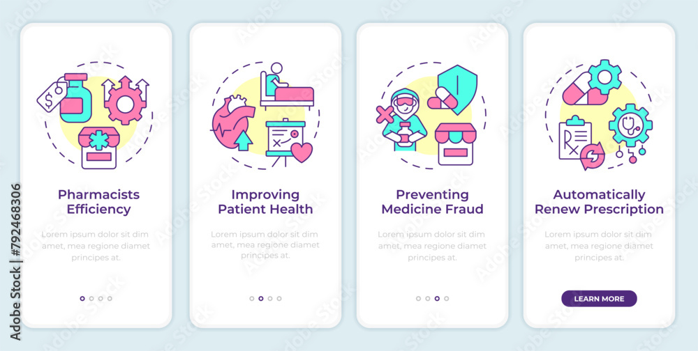Pharmacy management system benefits onboarding mobile app screen. Walkthrough 4 steps editable graphic instructions with linear concepts. UI, UX, GUI template. Montserrat SemiBold, Regular fonts used Pharmacy management system benefits onboarding mobile app screen. Walkthrough 4 steps editable graphic instructions with linear concepts. UI, UX, GUI template. Montserrat SemiBold, Regular fonts used