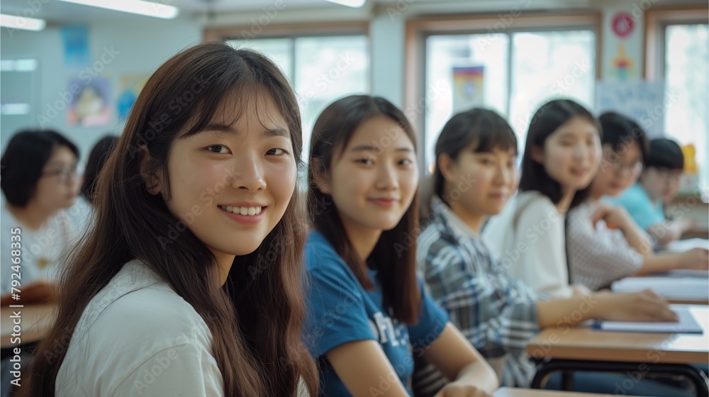 A group of students engaged in a classroom setting, showcasing diverse expressions and focused on their studies.
