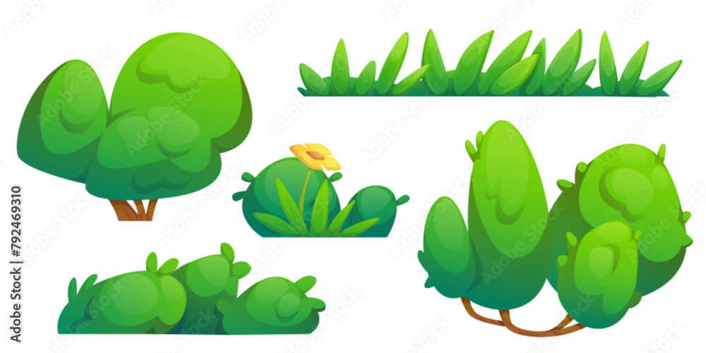 Fototapeta premium Green bush and grass border cartoon illustration. Garden tree plant icon set. Simple comic foliage fence with flower for game. Botany graphic asset for landscape or outdoor park hedge summer design