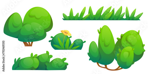 Green bush and grass border cartoon illustration. Garden tree plant icon set. Simple comic foliage fence with flower for game. Botany graphic asset for landscape or outdoor park hedge summer design photo