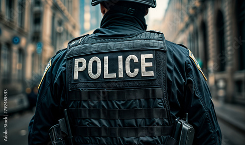 police officer on the street seen from behind with the text "POLICE" on his vest