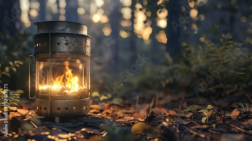 Capture the essence of outdoor cooking with a detailed, photorealistic illustration of a camping stove from a worms-eye view Show the rugged texture of the metal, the glowing flames, and the surroundi