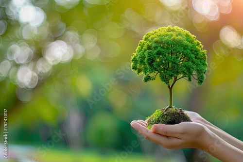 Human hand holding green globe orb with growing tree save our planet, world environment day, earth day photo