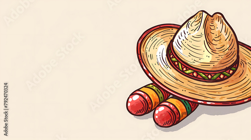 Large sombrero hat and Mexican maracas on beige background for Cinco de Mayo holiday party celebration illustration, top view, copy space. Fifth of May celebration concept. Poster, invitation