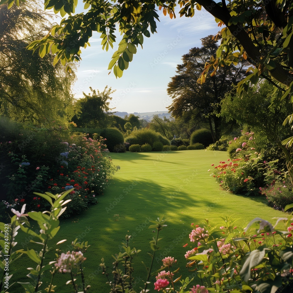 Obraz premium Garden and Park Landscape with Trees, Grass, and Blue Sky in Summer
