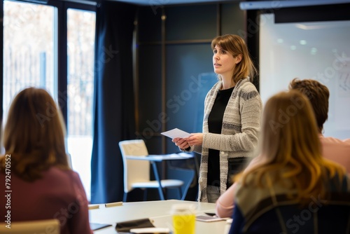 Businesswoman attending a training workshop in a conference room, engaging in interactive learning sessions, Generative AI