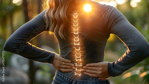 Woman at home with highlighted spine experiencing back pain. Concept Back Pain Relief, Health at Home, Spine Care, Woman's Wellness, Home Remedies photo