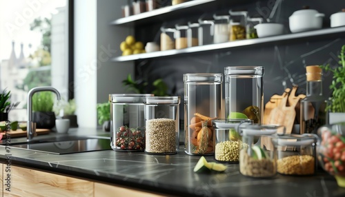 Capture the sleek curves and glossy finish of modern food storage containers at eye level, showcasing their versatility and elegance in a kitchen setting Illustrate the containers with a mix of digita photo