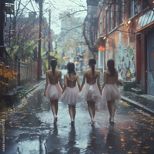 New Yorker Straßengasse, drei klassische Ballerinas treten auf, regnerischer Tag photo