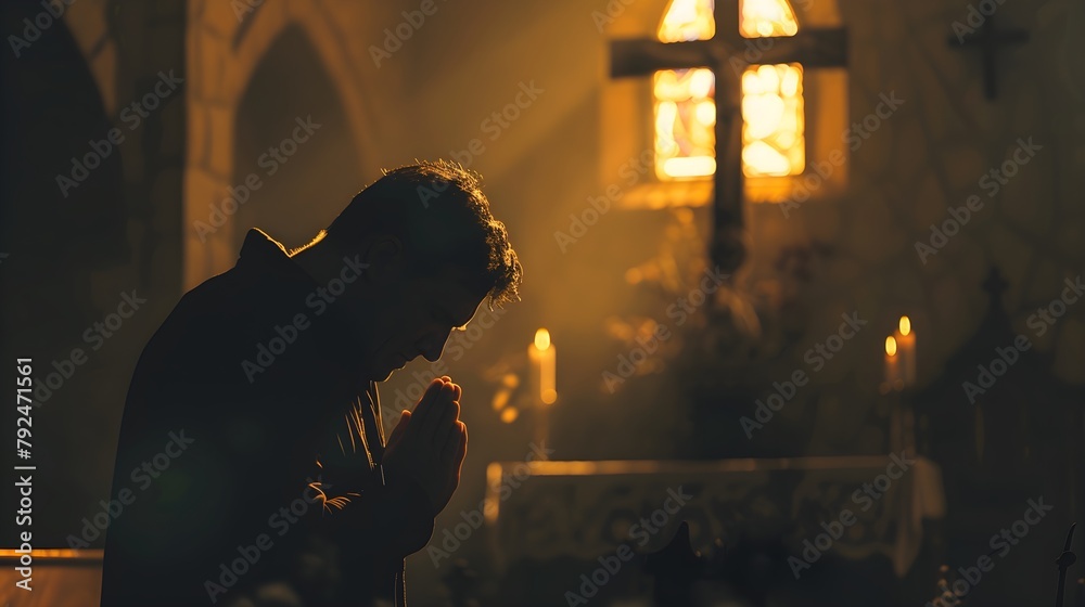 Praying man in front of the cross. Christian concept
