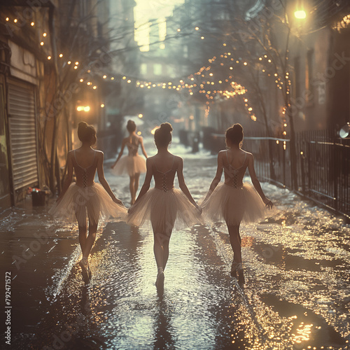 New Yorker Straßengasse, drei klassische Ballerinas treten auf, regnerischer Tag photo