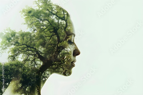 Environmental awareness. Double exposure of woman face and green tree in the forest. Conceptual image