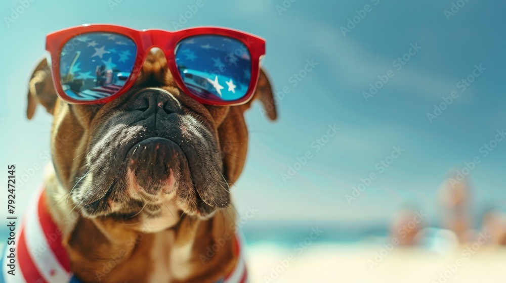 A patriotic bulldog wearing sunglasses with the American flag reflected in them.