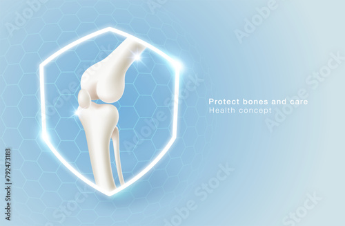 Concept of protecting bones and knee joints or treatment of medical services With shield symbol and leg bone on a blue background. Clinic, specialized hospital, food and vitamins. Vector file.