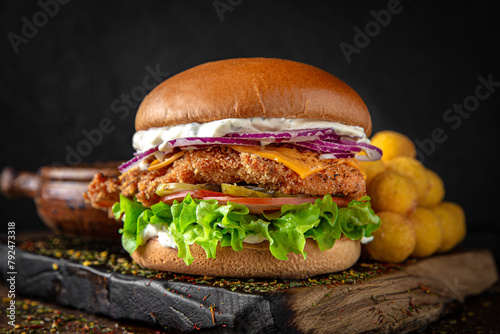 Gourmet chicken burger with cheese and veggies. Juicy delicious hamburger on darkmood picture for restaurant decoration, poster. 