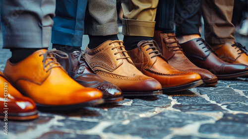 A diverse group of people standing near each other, showcasing their stylish brown business shoes with a touch of sophistication