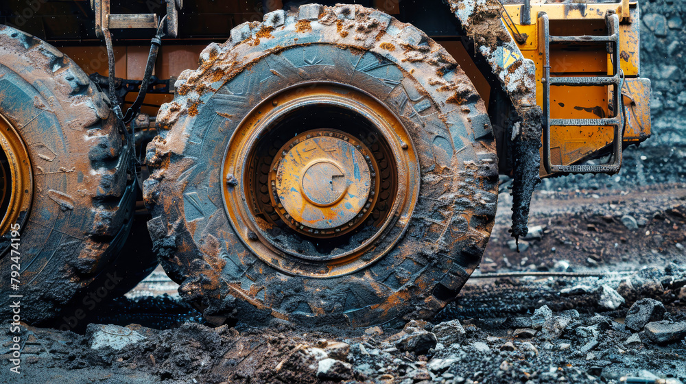A large truck with giant wheels and tires navigating through a muddy road on a construction site
