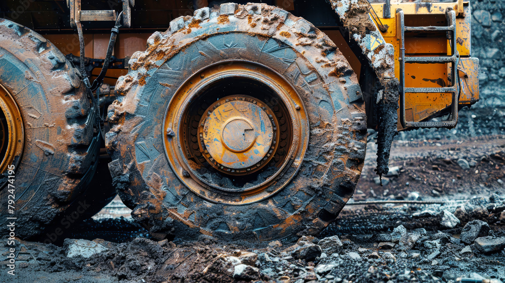 A large truck with giant wheels and tires navigating through a muddy road on a construction site A large truck with giant wheels and tires navigating through a muddy road on a construction site