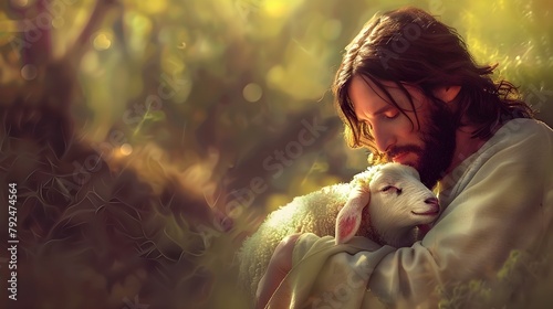 Jesus recovered the lost sheep carrying it in his arms photo