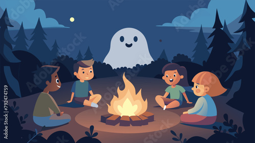 A group of children sit in a circle around a campfire roasting marshmallows as an older camper tells them scary ghost stories. With each twist
