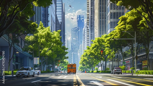 A logistics vehicle cruises down the road, flanked by lush green trees and towering buildings, painting a vibrant urban scene bustling with life and activity