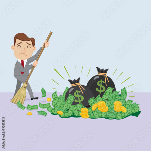 Man Sweeping Money. Flat, Vector, Illustration, Cartoon, EPS10.