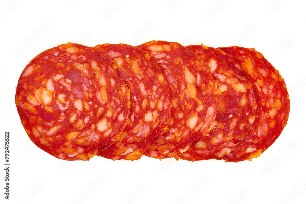 Chorizo sausage, thin cut. Spanish salami, close-up, isolated on white background Chorizo sausage, thin cut. Spanish salami, close-up, isolated on white background