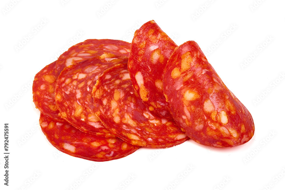 Chorizo sausage, thin cut. Spanish salami, close-up, isolated on white background - obrazy, fototapety, plakaty 