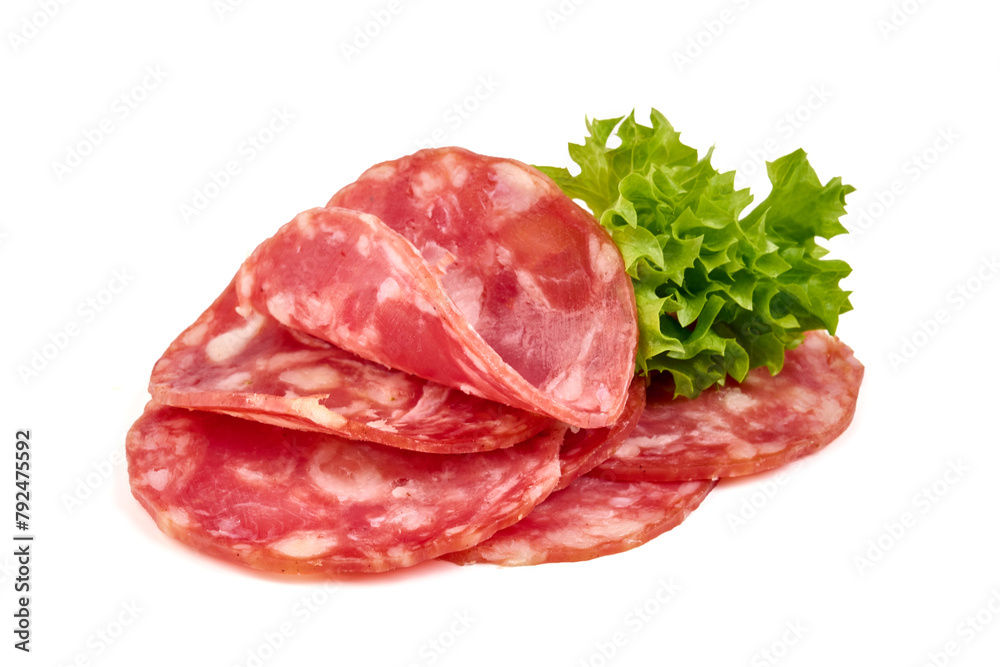 Cured salami sausage, Italian sausage, isolated on white background Cured salami sausage, Italian sausage, isolated on white background