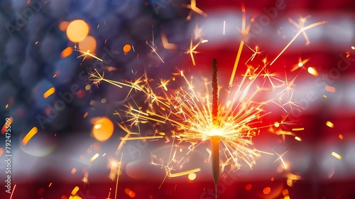 Bright burning sparklers against American flag, closeup, Fourth of July Sparkler & American flag background 