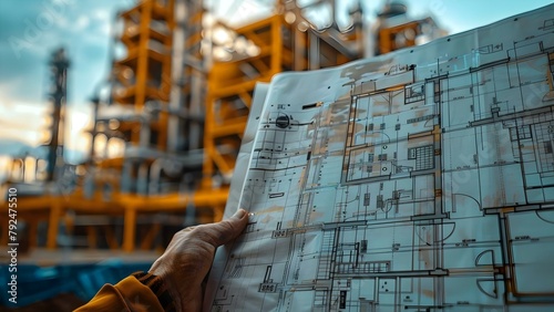 Closeup of hand holding blueprint with industrial building in background implying construction. Concept Construction, Blueprint, Hand, Industrial Building, Close-up