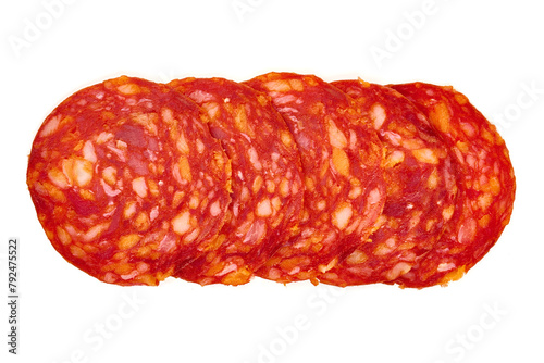 Chorizo sausage, thin cut. Spanish salami, close-up, isolated on white background
