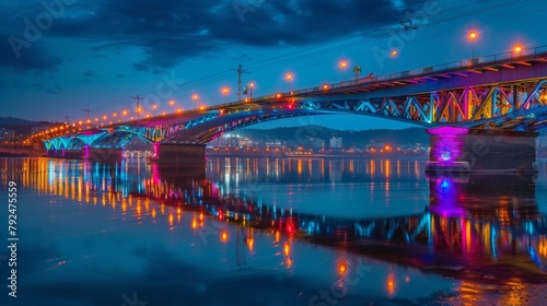Reflection of a brilliantly lit bridge shimmering on the calm waters of the river below, a captivating sight to behold.
