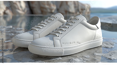 A pair of white sneakers shoes with clean lines, laid flat on a light grey marble floor. product display, no labels. photo-realistic, Generative AI.