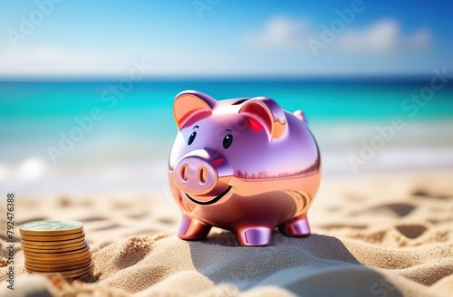 piggy bank on the beach. Selective focus